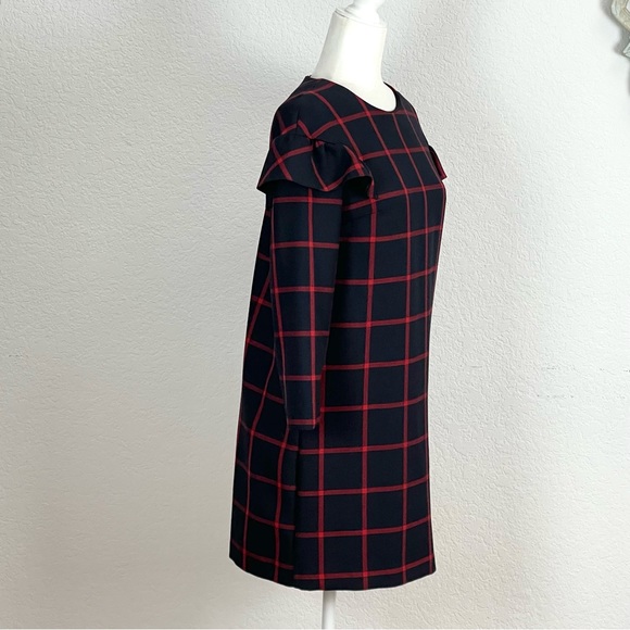 Zara Trafaluc Plaid Ruffle Shoulder Shift Dress Mini Navy Red Size XS - Picture 4 of 7